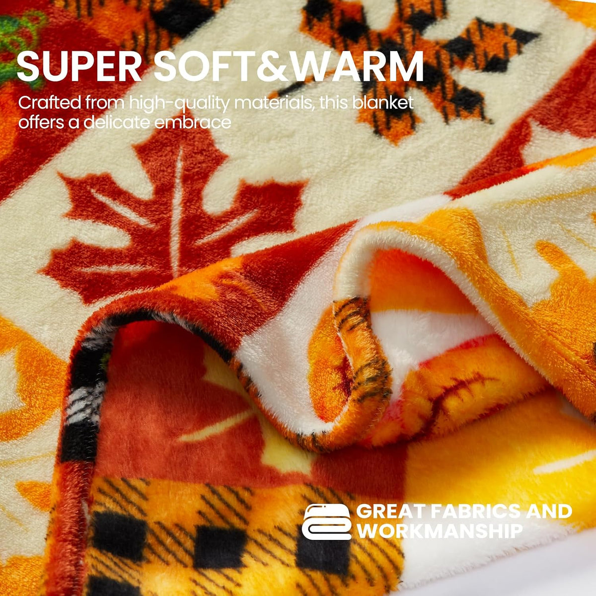 Halloween Fleece Throw Blanket, Pumpkin, Leaves Fall Plaid Blanket, Soft Fuzzy Plush for Couch Sofa or Bed, Luxury Flannel Lap Blanket, for Kids, Adults, Wife, Self (50" X 60")