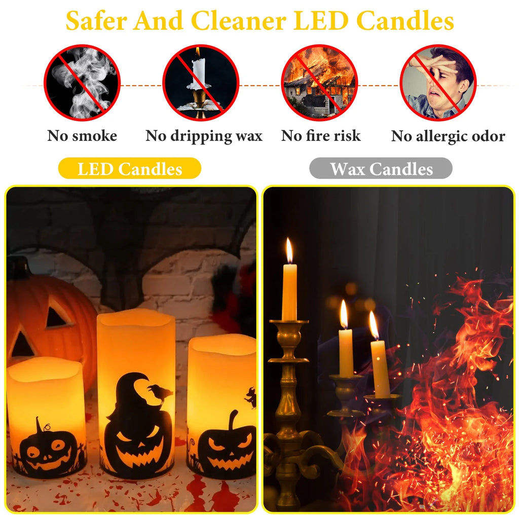 3Pcs Halloween Flameless Candles  Battery Operated Indoor Halloween Led Warm Orange Candles Lamp with Timer Setting, Natural Paraffin Halloween Pillar Candles Pumpkin