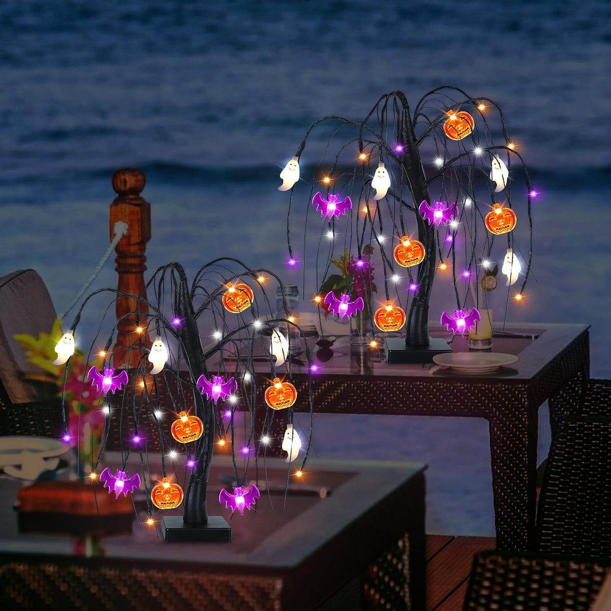 Halloween Table Decorations 18 Inch 36 LED Halloween Willow Tree with Pumpkin Bat Ghost Lights, Timer/Usb/Battery Operated Black Halloween Tree Spooky Halloween Decorations Indoor Home Party Room Gift