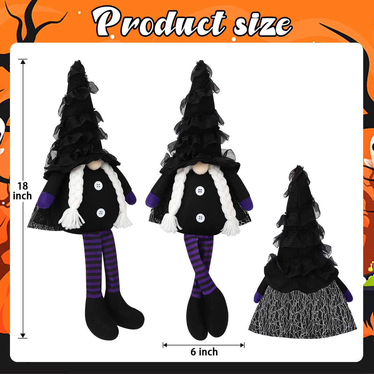 Halloween Gnomes Plush Decor, 2 Pack Handmade Tomte Swedish Gnome Decorations Ornaments, Halloween Table Decorations Gifts (Black) 6''W X 18''H