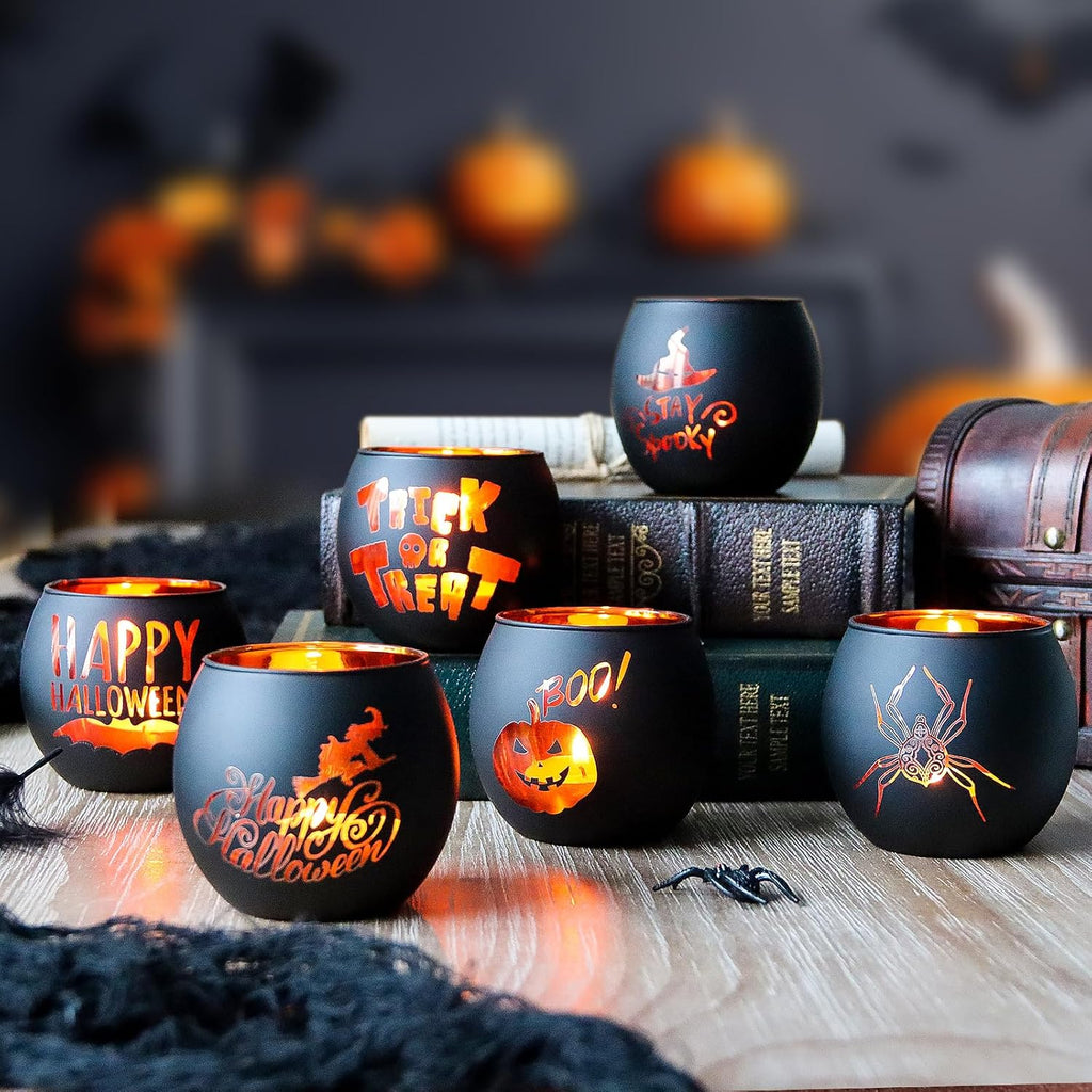 Halloween Candle Holders 6 Pieces Black Glass Votive Candle Holder for Halloween Wedding, Party, Table Centerpiece Décor Halloween Decorations Indoor and Outdoor