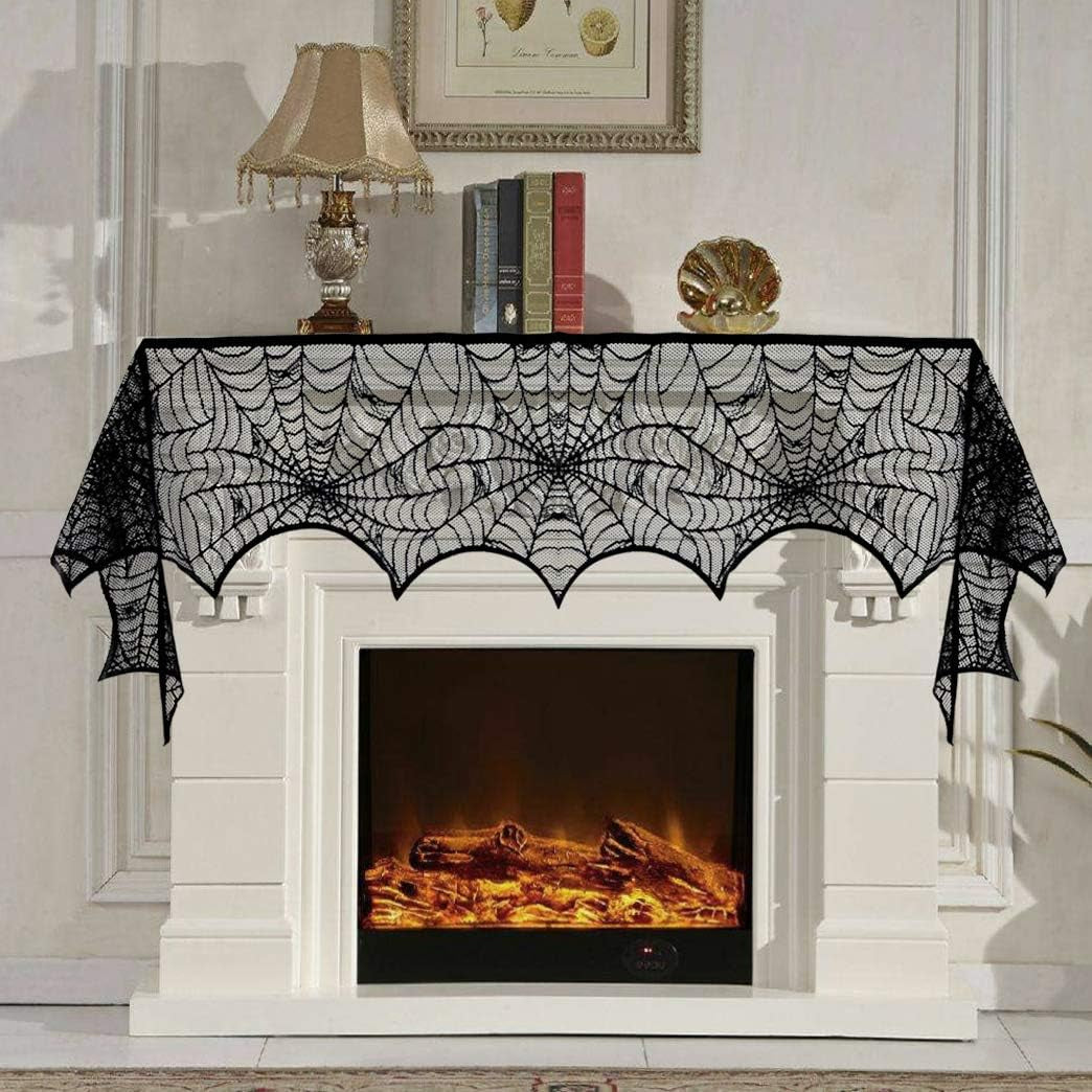 5Pack Halloween Decorations Tablecloth Runner Black Lace round Spider Cobweb Table Cover Fireplace Mantel Scarf Spiderweb Fireplace Scarf Spider Lampshade with 36Pcs Scary 3D Bat for Halloween Party