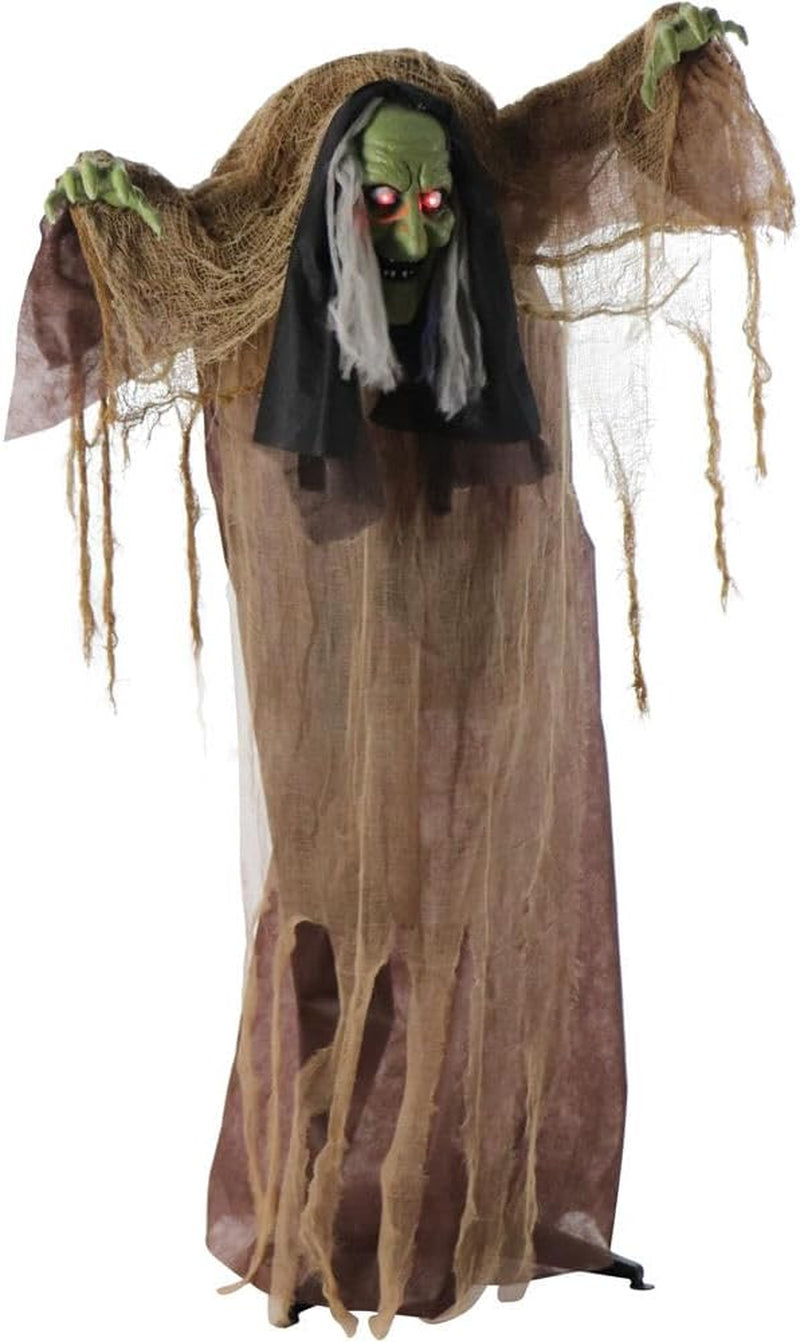 Talking Hunchback Witch, Halloween Animatronic with Movement and Lights for Battery Operated Scary Indoor or Covered Outdoor Halloween Decorations, Creepy Halloween Prop