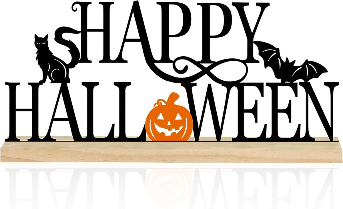 Metal Happy Halloween Sign, Black Halloween Decorations for Home, Office, Shelf, Mantel, Indoor, Jack-O-Lantern Decoration, Spooky Cat Bat Decor (Halloween)