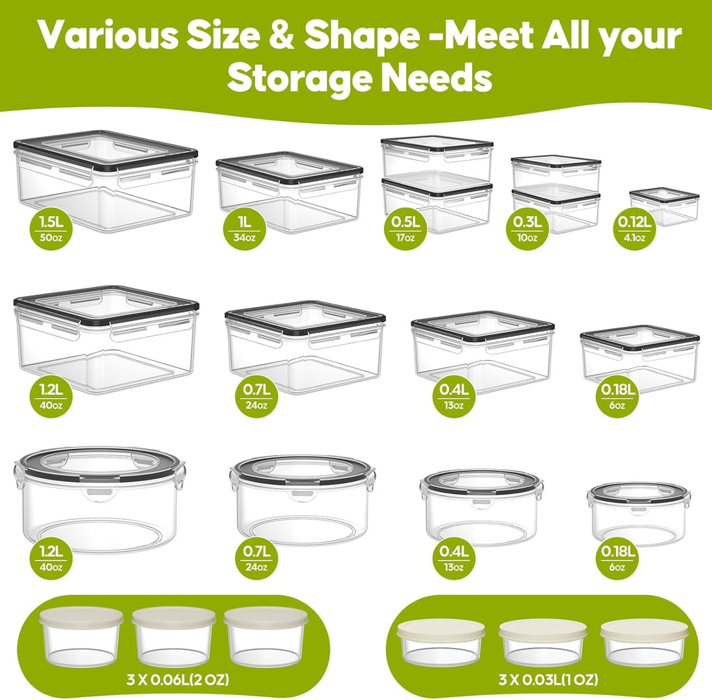 42 PCS Food Storage Containers with Lids (21 Containers & 21 Lids) - Reusable Plastic Food Containers for Kitchen Storage and Organization Bpa-Free Leakproof Meal Prep Container with Labels & Pen