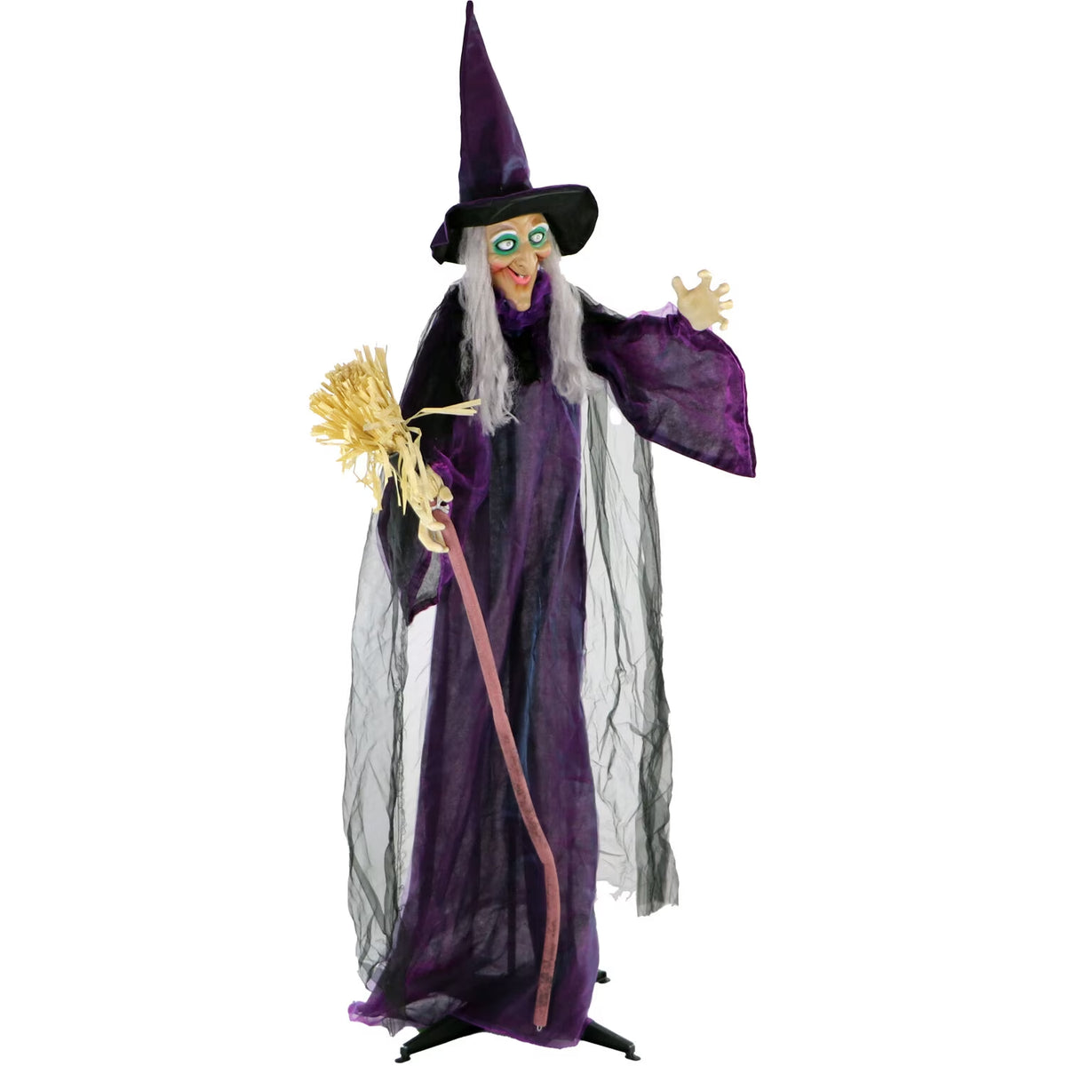 Life-Size Animated Talking Witch W/ Broomstick, 6 Ft Halloween Decoration