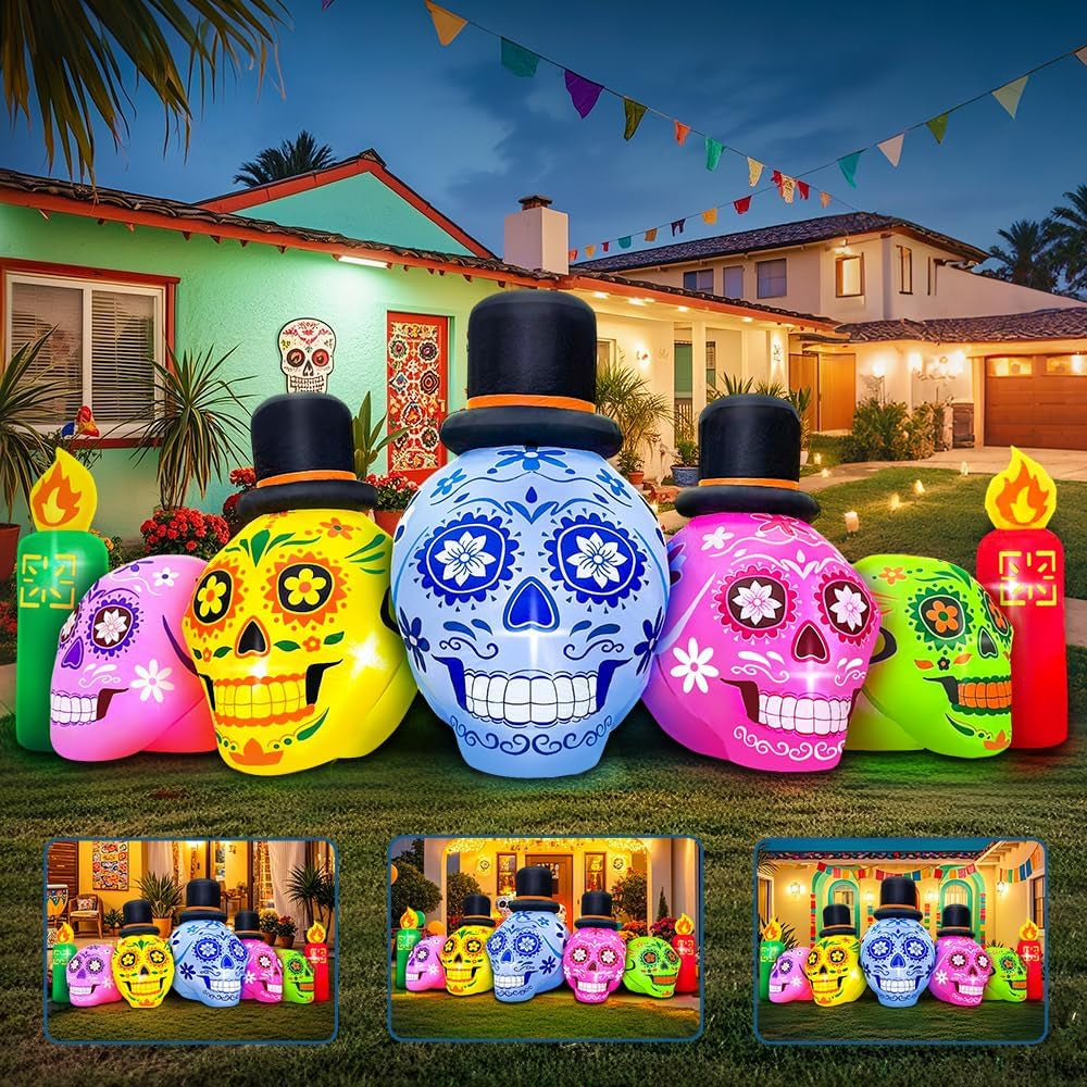 7FT LED  Halloween Inflatable | Skeleton Day of Dead Catrina Skulls Dia De Los Muertos | Outdoor Decor