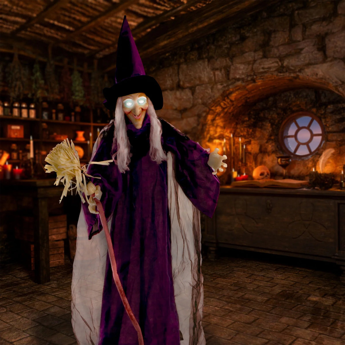 Life-Size Animated Talking Witch W/ Broomstick, 6 Ft Halloween Decoration