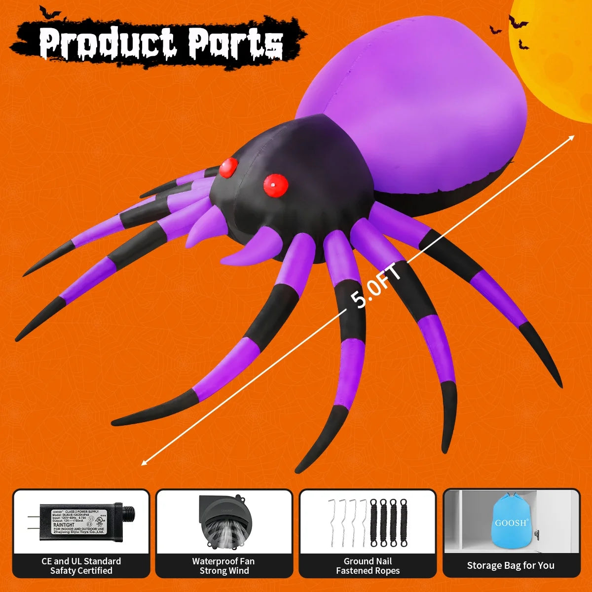 Halloween Inflatable 5 FT Halloween Spider Inflatable, Inflatable Halloween Spider Halloween Blow up Spider with LED Lights, Outdoor Halloween Decorations Clearance for Halloween/Holiday/Party