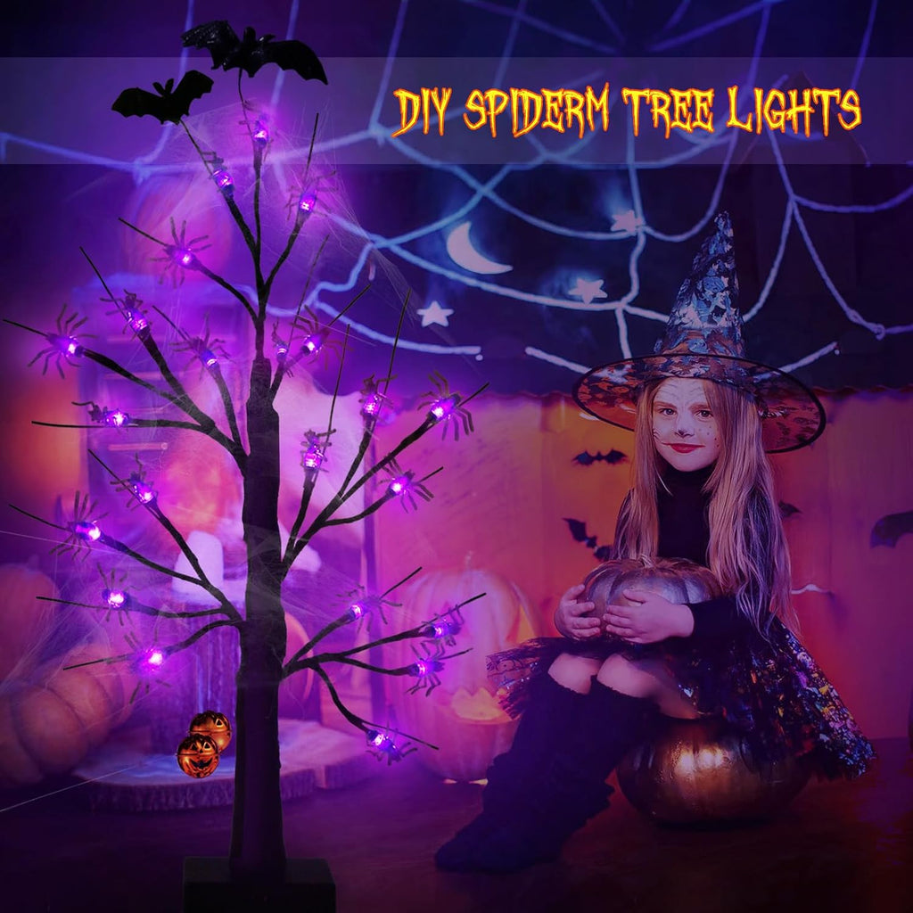 Halloween Decorations Indoor Spider Lights Tree, 2Ft Black Spooky Tree with Spider,Web,Bat and Pumpkin Bell Halloween Tree Decorations,Battery and USB Halloween Black Tree for Home Mantel Party Decor