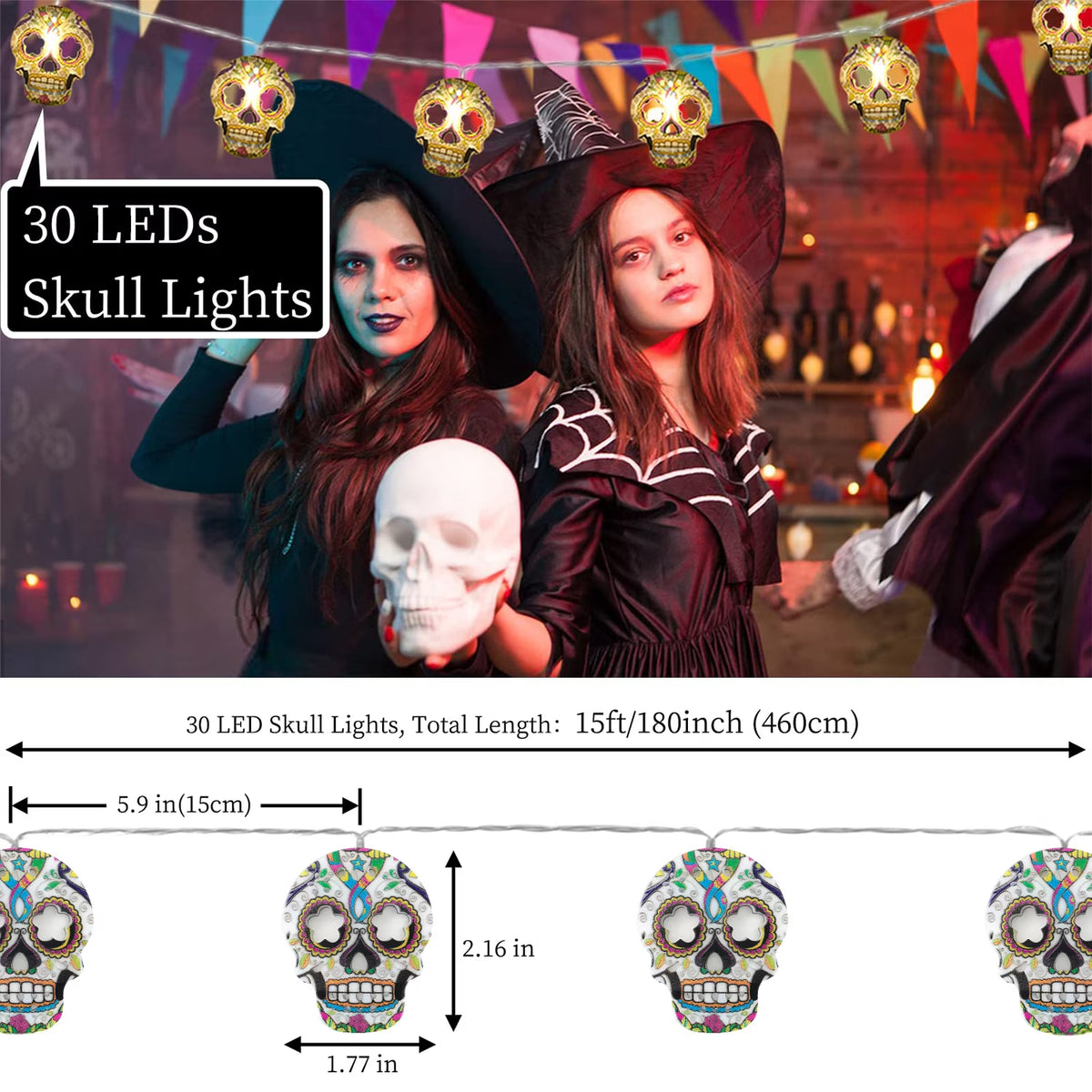 Halloween String Lights, 15Ft 30 LED Skull Halloween Lights Halloween Decorations Indoor Outdoor