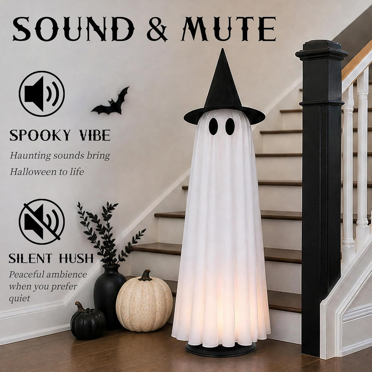 Halloween Decor Indoor 46.5" Lighted Animated Floating Ghost with Spooky Sound & Touch Activated Sensor Spooky Ghosts Halloween Decor for Party Home Haunted House