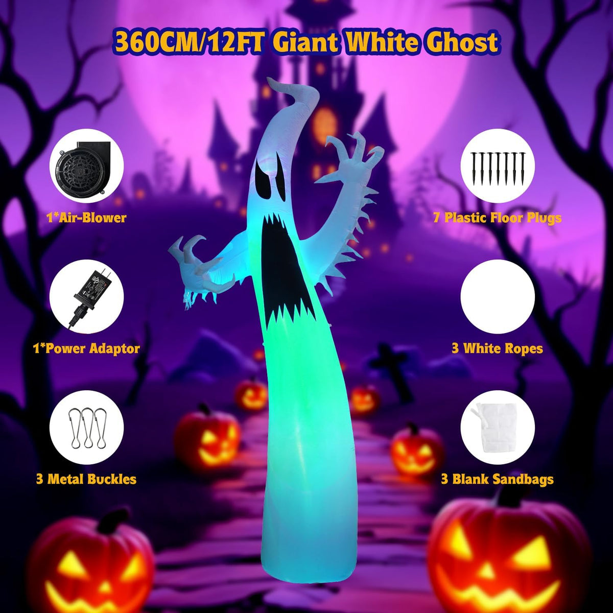 12FT Halloween Inflatables Ghost Decorations: Scary Giant Inflatable Ghost Outdoor Decoration with RGB LED Blow up Decor for Garden/Home/Holiday/Party/Yard/Lawn