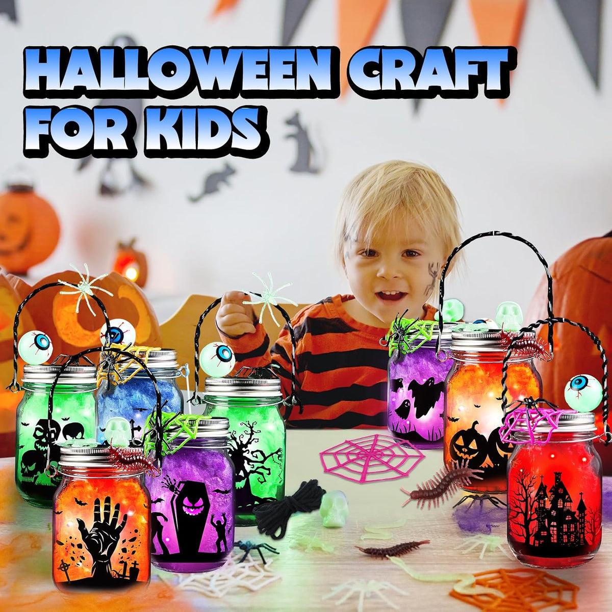 Halloween Craft Kit for Kids,8 Pcs Glass Mason Jar with Accessories for DIY Lantern Jar, Halloween Art & Craft Party Supplies, Halloween Art Activities, Crafts and Arts Party Supplies