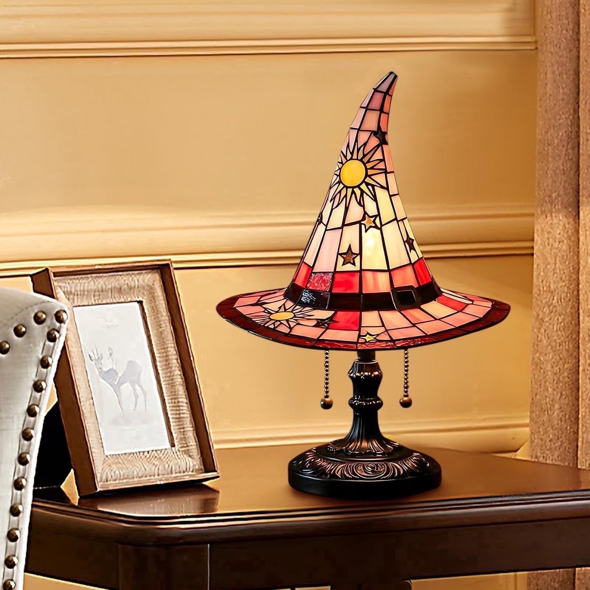 Clearance Witch Hat Lamp Halloween Decorations under 20 Gifts Stained Glass like Gothic Lamp Gothic Home Decor Accent Bedroom Bookshelf Mystical Gifts Glow Dark Figurine Ambiance