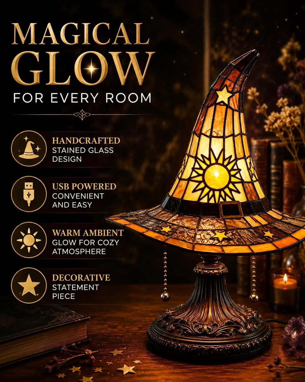 Clearance Witch Hat Lamp Halloween Decorations under 20 Gifts Stained Glass like Gothic Lamp Gothic Home Decor Accent Bedroom Bookshelf Mystical Gifts Glow Dark Figurine Ambiance
