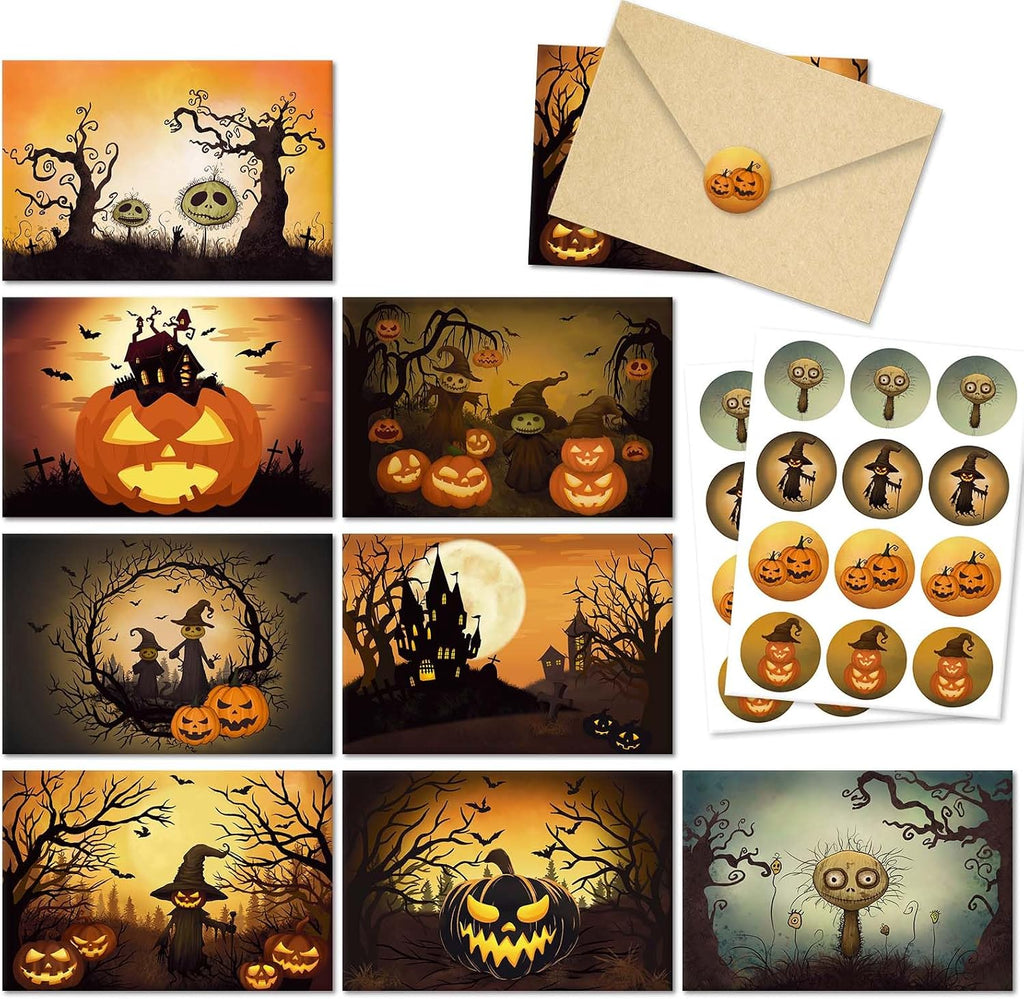 24 Pack Vintage Halloween Greeting Cards, Jack-O'-Lantern and Witch Halloween Cards, Artful Spooky Halloween Themed Card Set, 8 Designs Halloween Cards Bulk