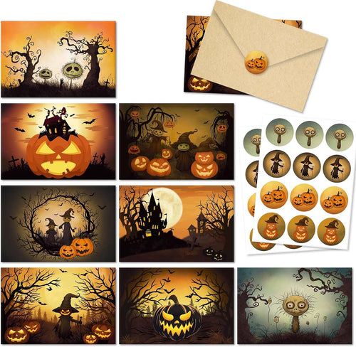 24 Pack Vintage Halloween Greeting Cards, Jack-O'-Lantern and Witch Halloween Cards, Artful Spooky Halloween Themed Card Set, 8 Designs Halloween Cards Bulk