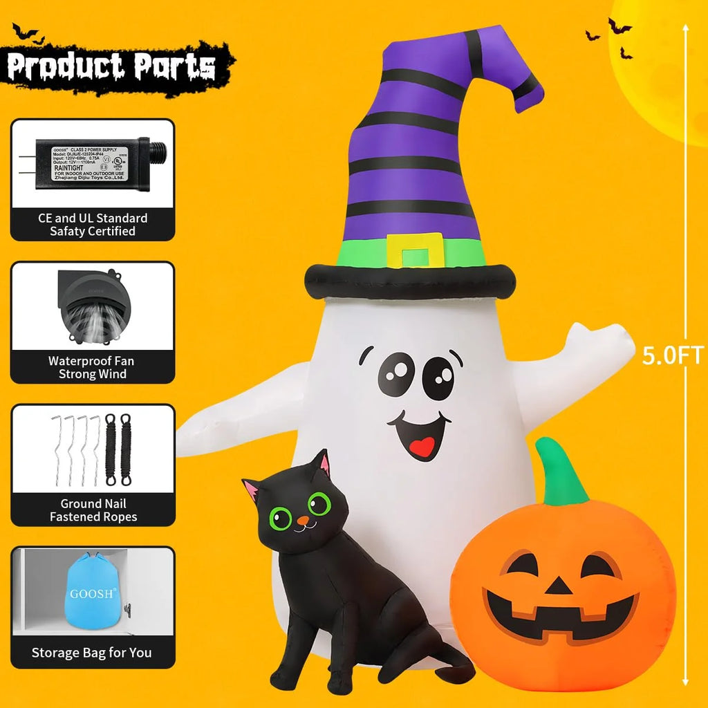 Halloween Inflatables 5 FT Halloween Ghost Inflatable with LED Lights, Cute Ghost Blow up with Wizard Hat Pumpkin Black Cat, Outdoor Halloween Decorations for Halloween Holiday Indoor Outdoor