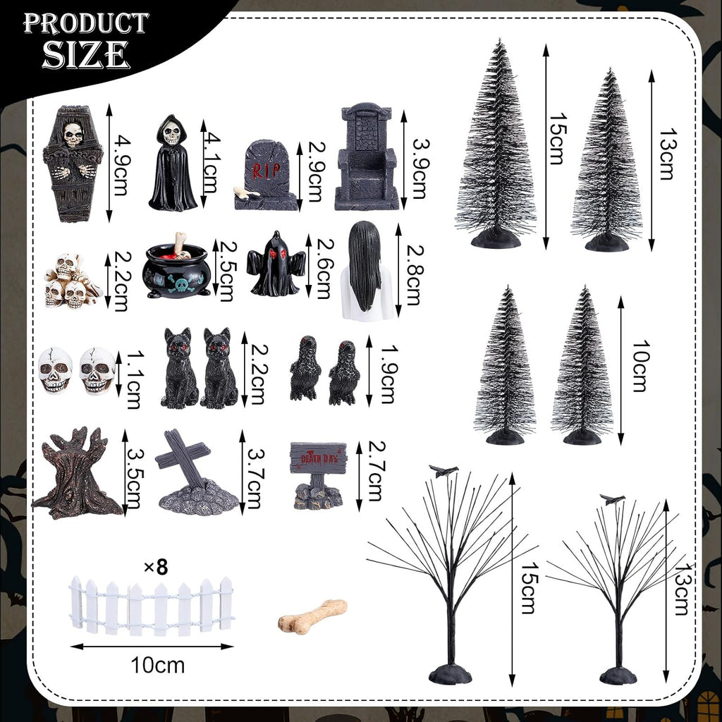 32 Pcs Halloween Village Miniature Town Accessories Set Halloween Figurines Spooky Bare Branches Tombstones Skeleton Skulls Resin Horror Village Collections for Party Town Decorations