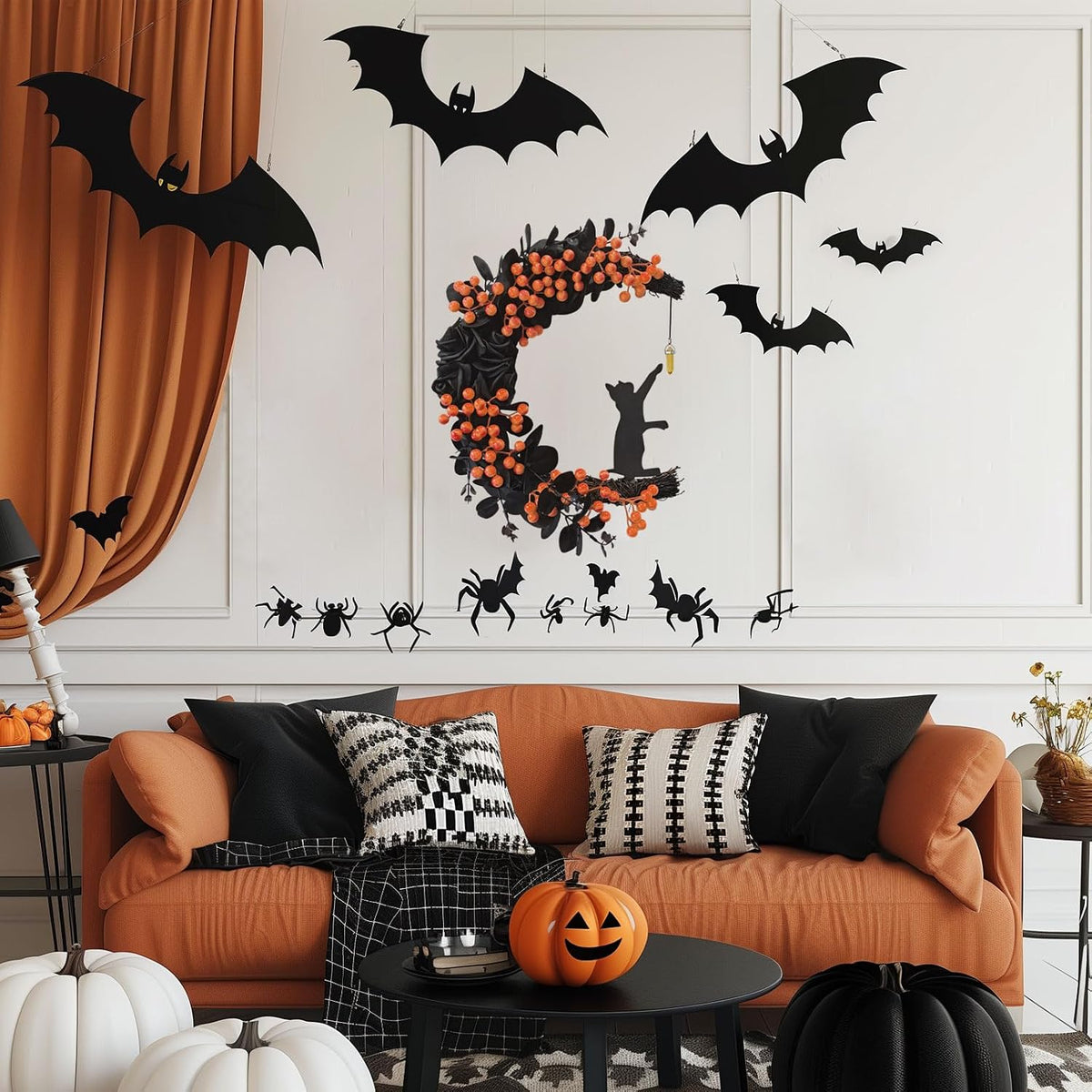 Halloween Decorations Black Cat Half-Moon Wreath with Black Rose & Berry | Halloween Decor with Open Half-Moon Design, Black Fabric Roses, Frosted Leaves, Glossy Orange Berries, and a Cat Silhouette