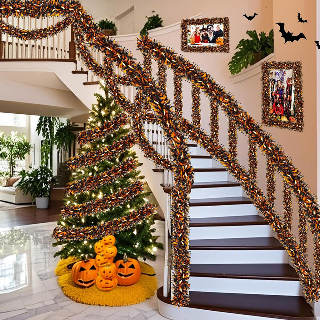 Halloween Decorations, 50FT Halloween Tinsel Garland Shiny Orange Black Metallic Twist Hanging Garland for Indoor Outdoor Home Tree Stairs Party Decorations