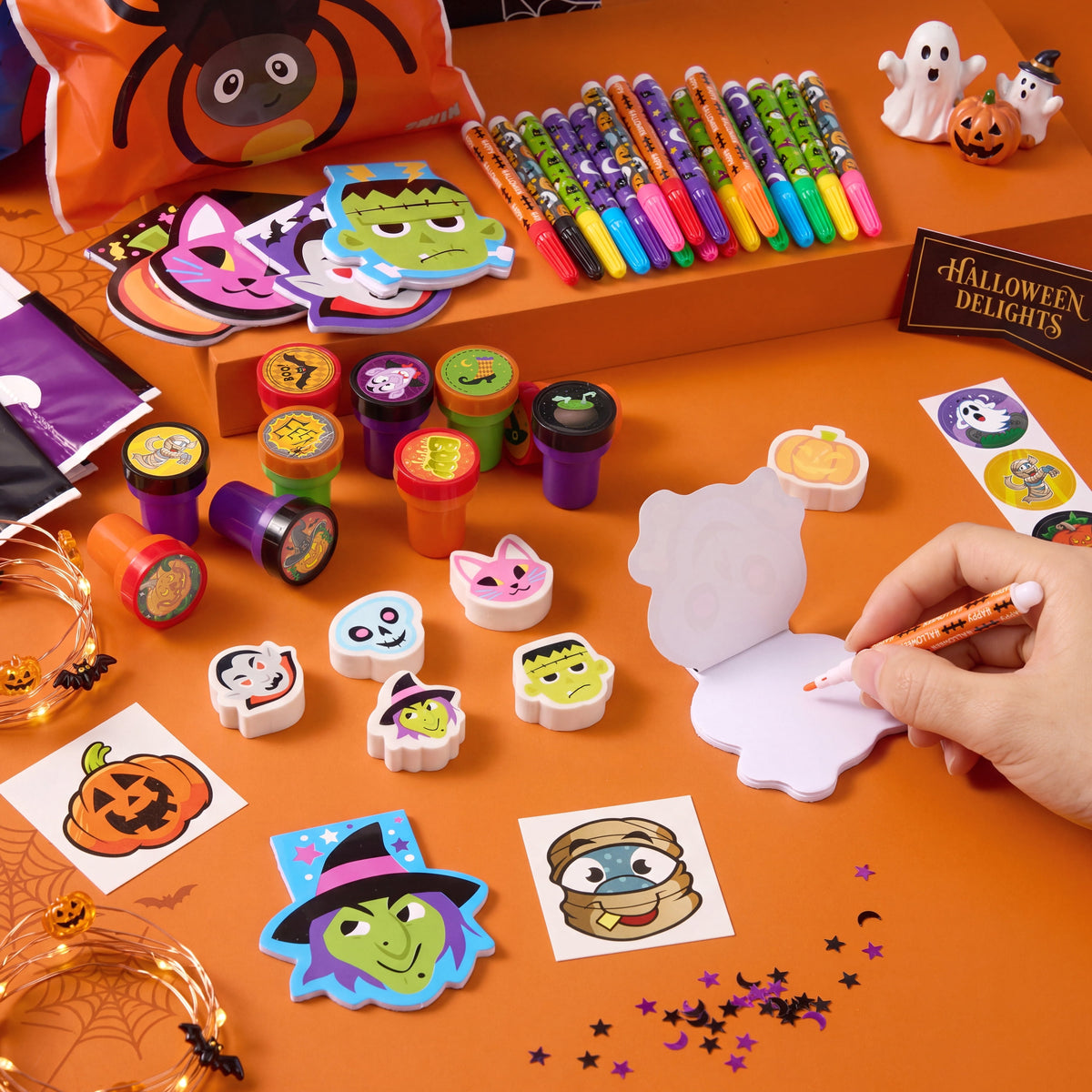 168 Packs Halloween Stationery Party Favors,Halloween Gifts for Kids,Halloween Goodies Including Halloween Trick or Treat Bags,Notepads,Stamps,Markers,Stickers and Tattoos