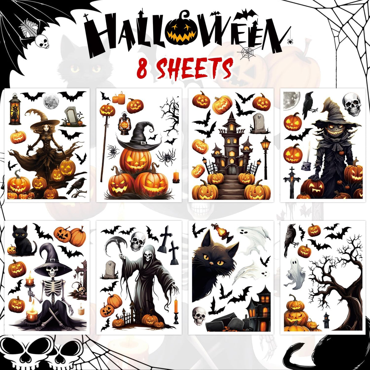 8 Sheets Halloween Window Clings, Scary Halloween Window Stickers Removable Double Sided Halloween Black Window Decals for Glass Window Halloween Decoration