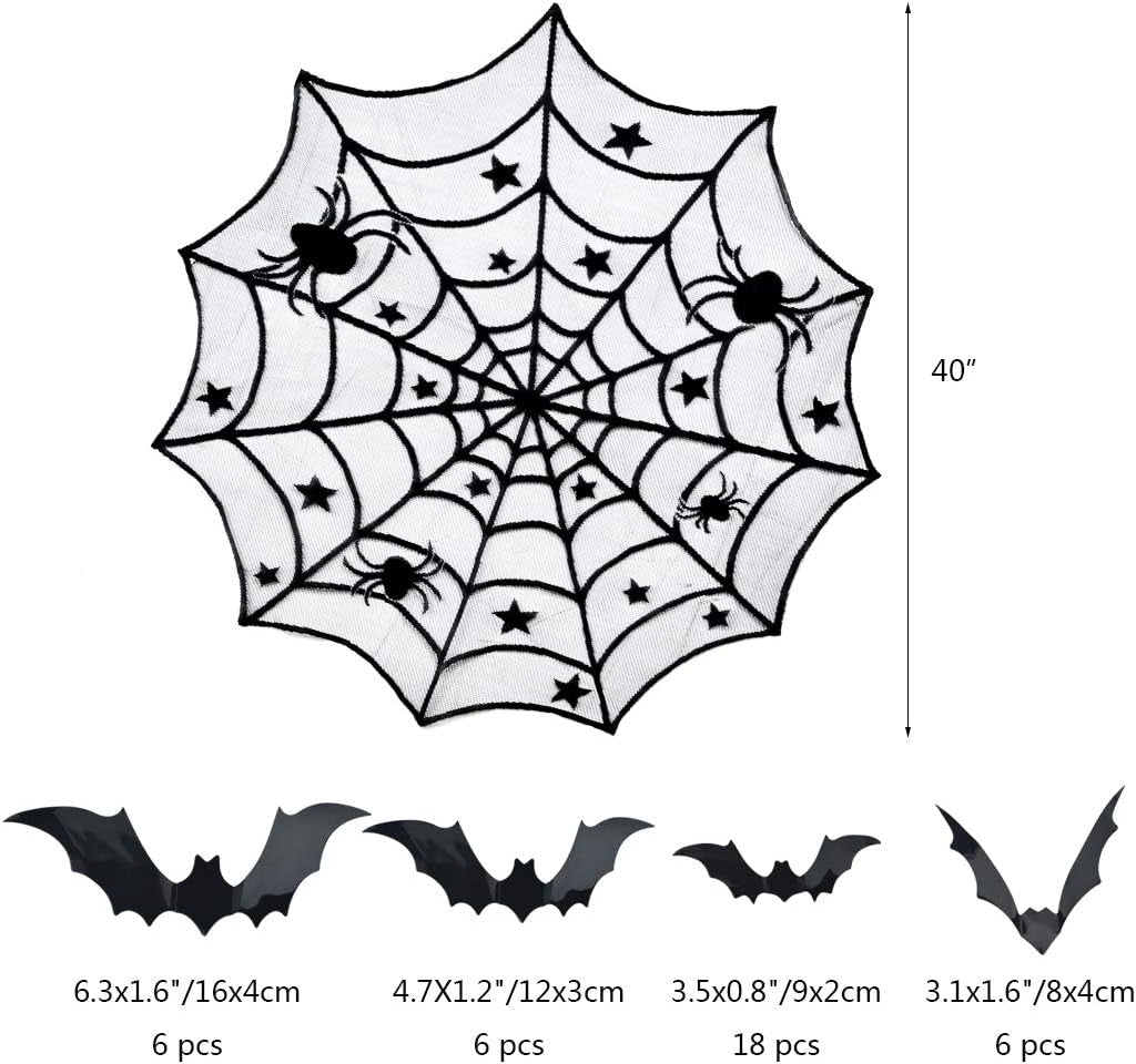5Pack Halloween Decorations Tablecloth Runner Black Lace round Spider Cobweb Table Cover Fireplace Mantel Scarf Spiderweb Fireplace Scarf Spider Lampshade with 36Pcs Scary 3D Bat for Halloween Party
