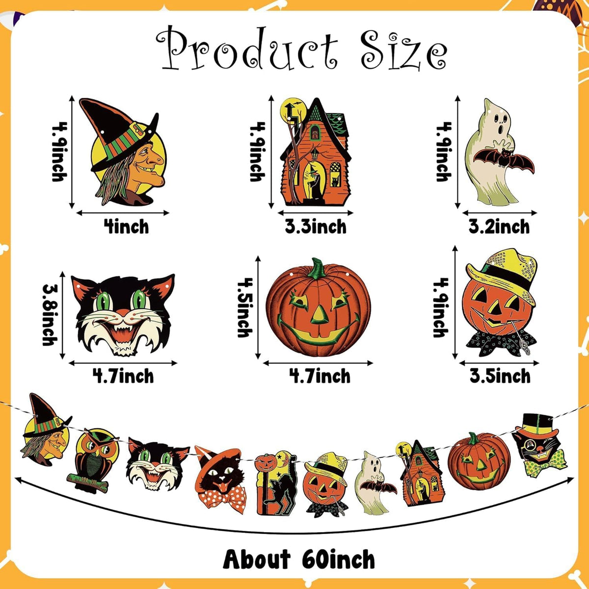 Vintage Halloween Hanging Banner, Retro Halloween Home Decoration | Pre-Strung, Pumpkin Witch Ghost Cat Patterns, Wall Bunting Garland Card Banner, Cartoon Halloween Party Favor, Photo Supplies