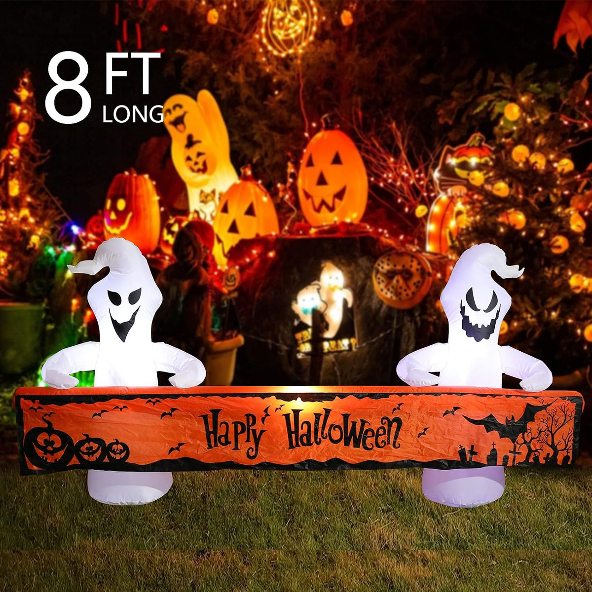 8 Ft Long Inflatable Outdoor Halloween Decoration, Inflatables Ghost with Happy Halloween Decorations Blow up with Built-In LED Lights for Yard Party Holiday Garden Decor