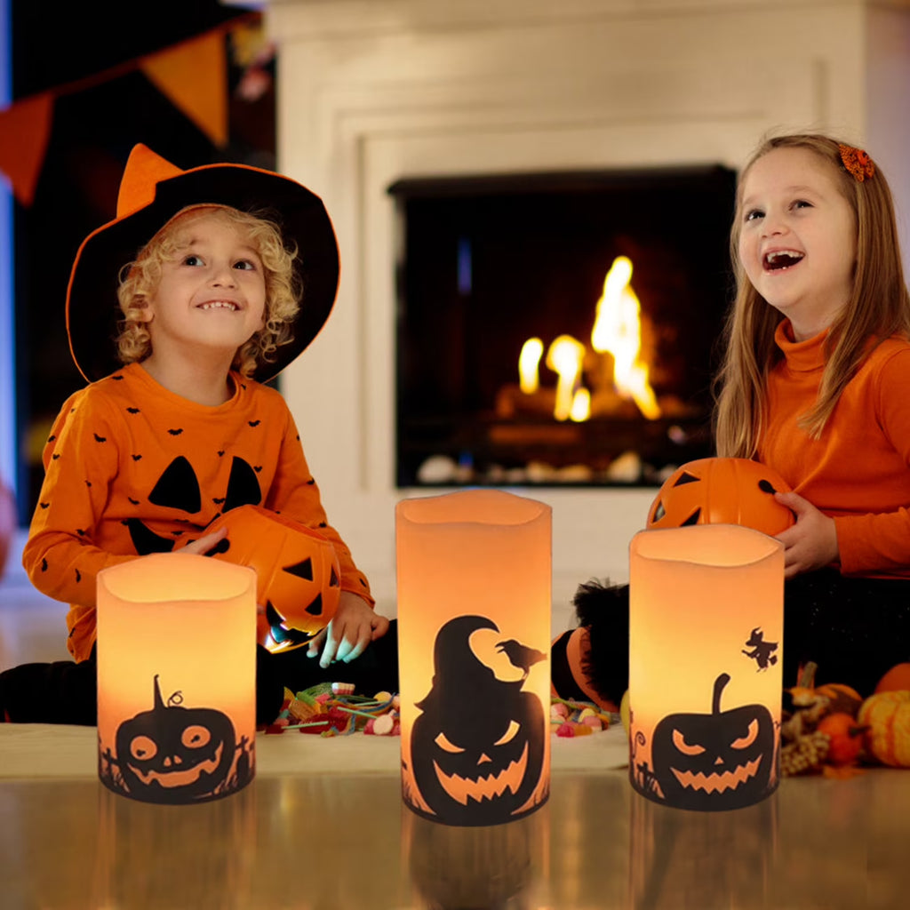 3Pcs Halloween Flameless Candles  Battery Operated Indoor Halloween Led Warm Orange Candles Lamp with Timer Setting, Natural Paraffin Halloween Pillar Candles Pumpkin