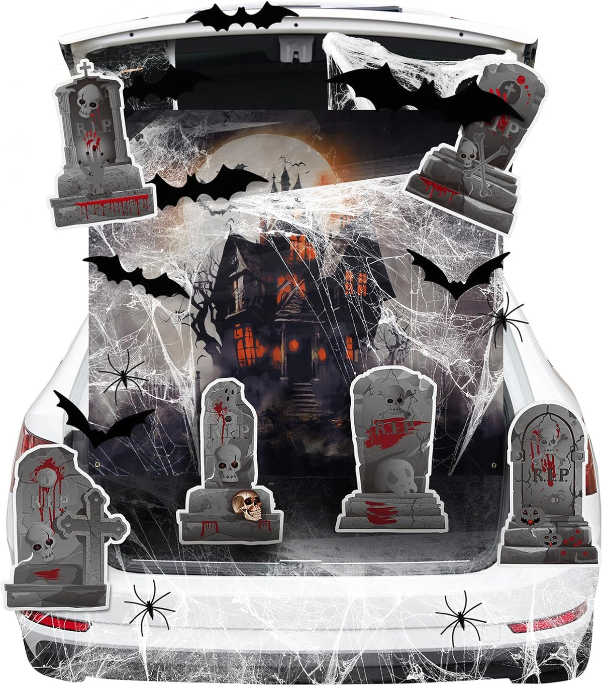 Halloween Trunk or Treat Car Decorations Kit with Gravestone Sticker Spider Webs Bats Scare Banner Tombstone Trunk or Treat Decorations for SUV Car Garage Door Entryway Archway Outdoor Decor