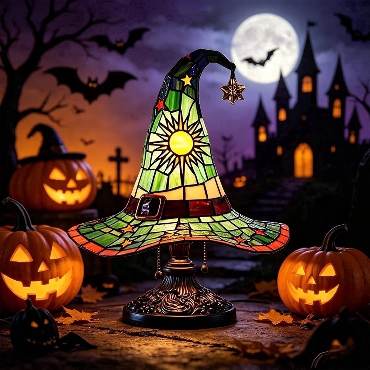 Clearance Witch Hat Lamp Halloween Decorations under 20 Gifts Stained Glass like Gothic Lamp Gothic Home Decor Accent Bedroom Bookshelf Mystical Gifts Glow Dark Figurine Ambiance
