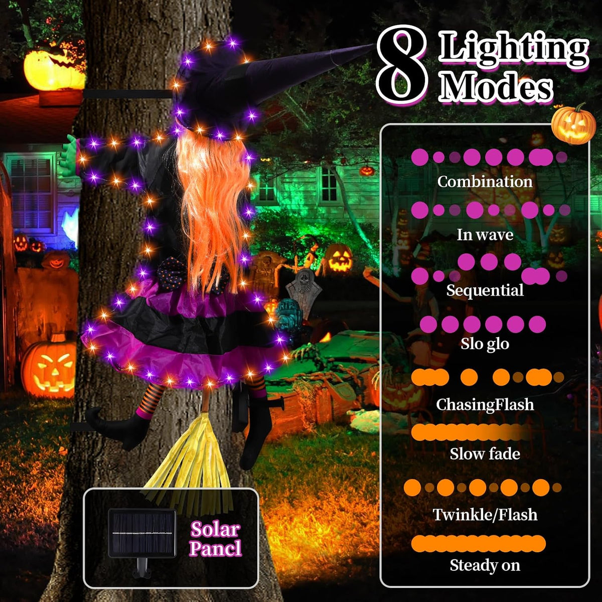 Halloween Decorations, Solar Witch Large Crashing Witch into Tree Outdoor Decor, Lighted Flying Witch for Tree, Yard, Patio, Porch Outdoor Decoration (Orange Purple)