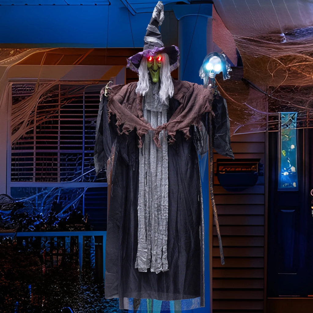 Syncfun 59 Inch Animated Halloween Witch Decoration,Outdoor Light up Talking Witch Halloween Hanging Witch with Skeleton Wand Decoration for Halloween Outdoor Decor