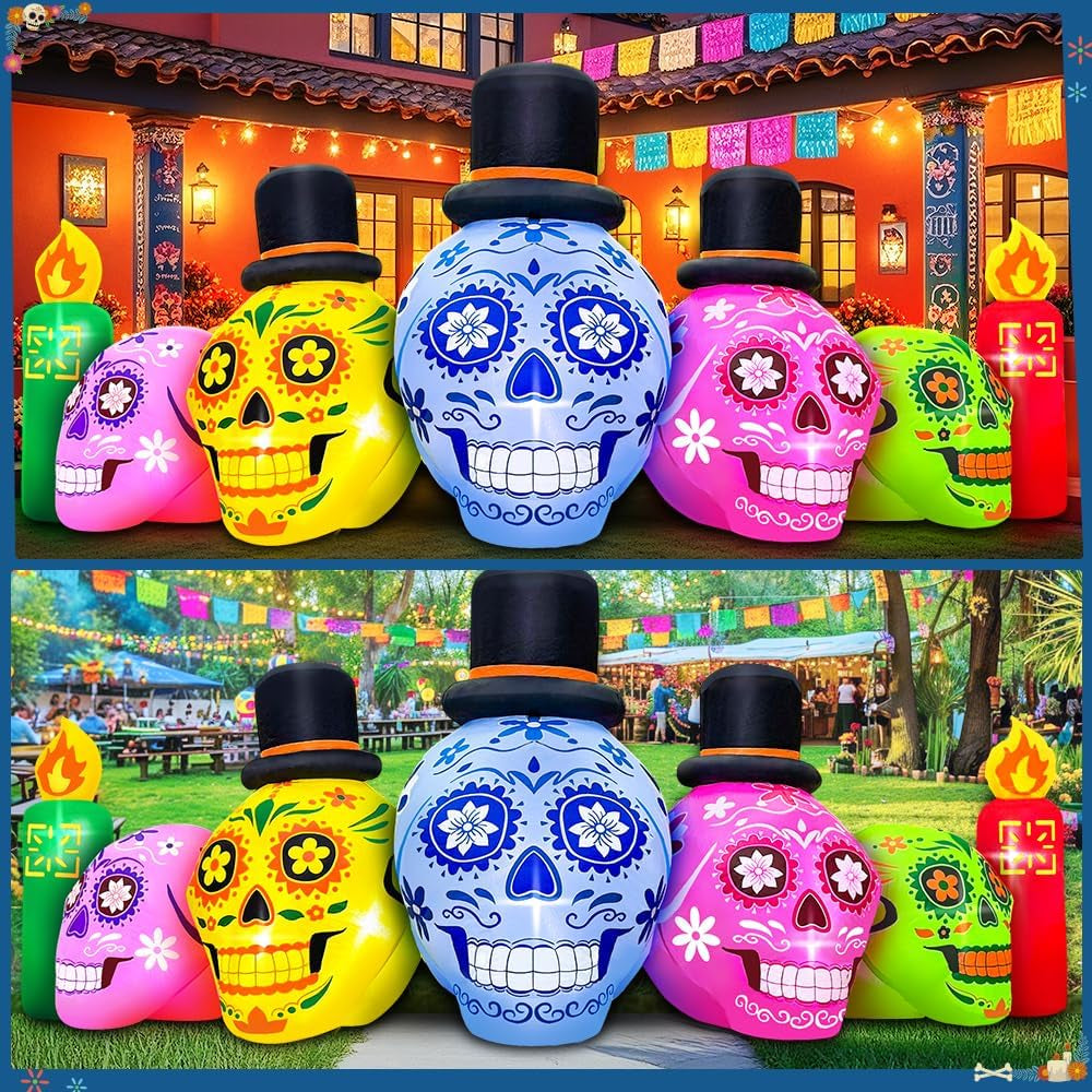 7FT LED  Halloween Inflatable | Skeleton Day of Dead Catrina Skulls Dia De Los Muertos | Outdoor Decor