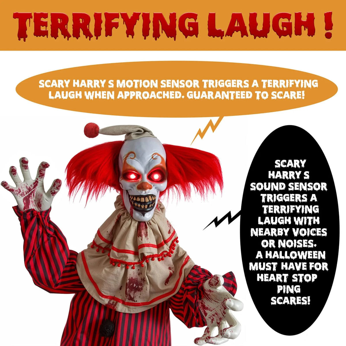 72" Halloween Decorations Outdoor Standing Animatronic Clown with Red Light up Eyes, Motion and Sound Activated Moving Arms and Head, Scary Clown Halloween Yard Patio House Decor