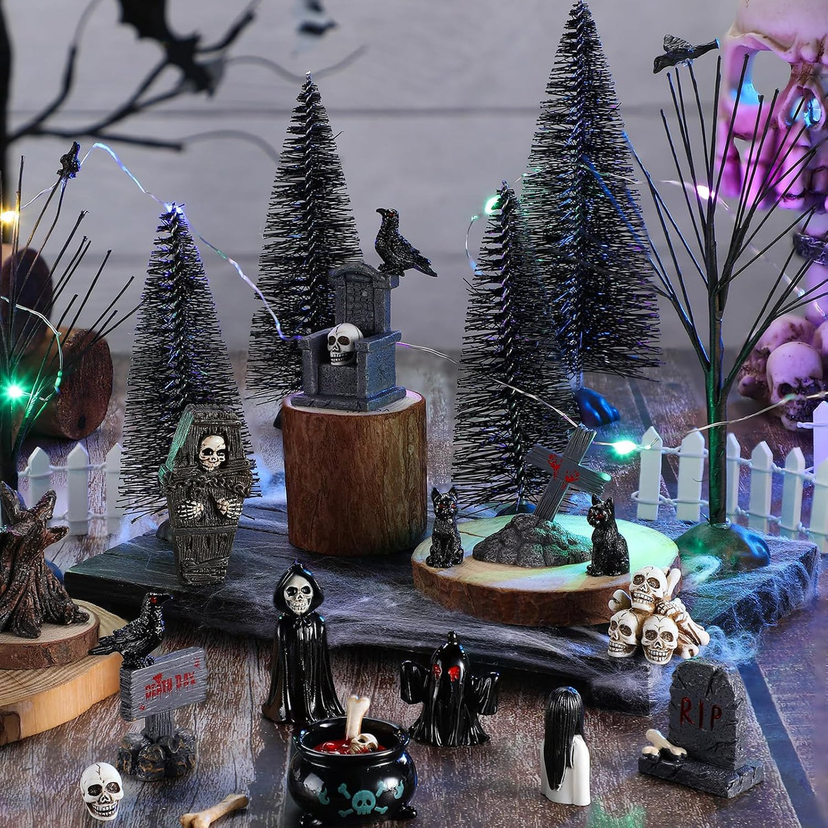 32 Pcs Halloween Village Miniature Town Accessories Set Halloween Figurines Spooky Bare Branches Tombstones Skeleton Skulls Resin Horror Village Collections for Party Town Decorations