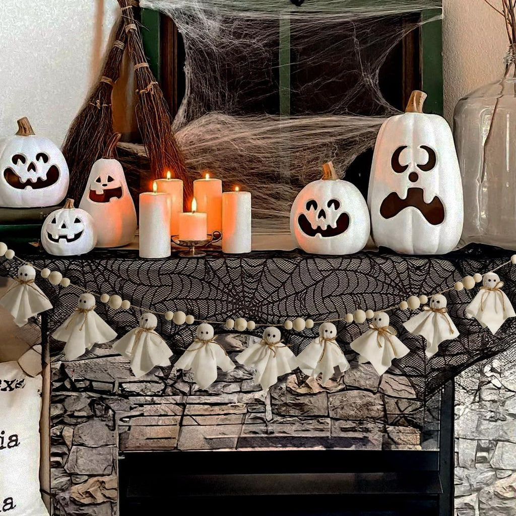 Ghost Halloween Banner: 1Pc White Ghost Halloween Party Banner with Wood Beads, Cute Ghosts Halloween Garland Halloween Banner Decorations for Home Wall Mantel Doorways Front Decor