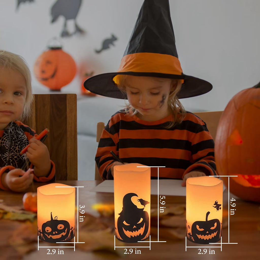 3Pcs Halloween Flameless Candles  Battery Operated Indoor Halloween Led Warm Orange Candles Lamp with Timer Setting, Natural Paraffin Halloween Pillar Candles Pumpkin