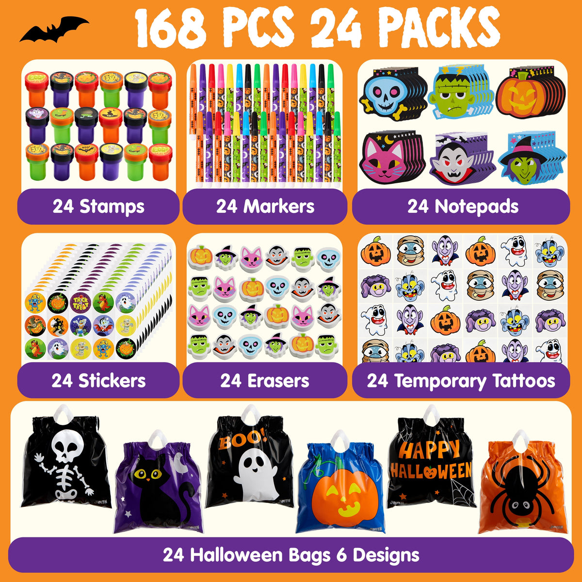 168 Packs Halloween Stationery Party Favors,Halloween Gifts for Kids,Halloween Goodies Including Halloween Trick or Treat Bags,Notepads,Stamps,Markers,Stickers and Tattoos