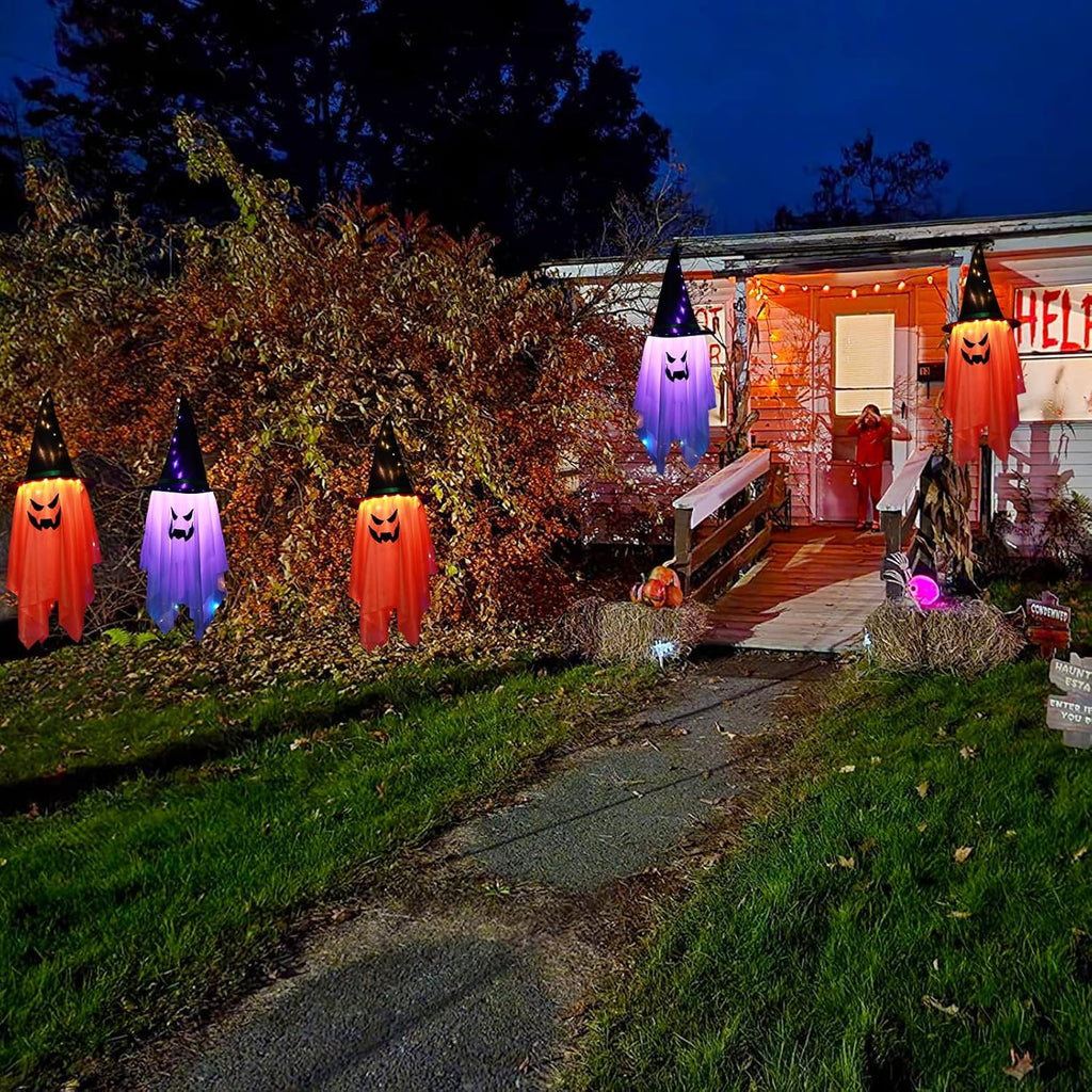 Halloween Decoration 2 Pcs Large Halloween Lighted Glowing Ghost Witch Hats, Hanging Ghost Ornaments for Indoor Outdoor Home, Garden, Tree, Yard Party Decor