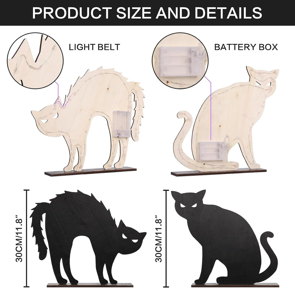 Halloween Decorations, 2PCS Wooden Black Cat Tabletop Decoration Sign with Lights, for Halloween Home Farmhouse Indoor Party Decor.