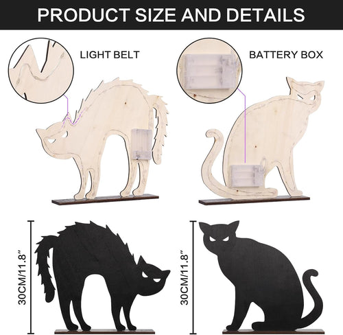 Halloween Decorations, 2PCS Wooden Black Cat Tabletop Decoration Sign with Lights, for Halloween Home Farmhouse Indoor Party Decor.