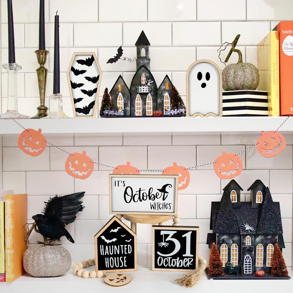 Halloween Decorations | 6PCS Halloween Tiered Tray Decor | Bat Coffin, Haunted House, Ghost, Witches, October 31 Sign, Bead Garland | Halloween Decor | Halloween Centerpiece for Table Shelf