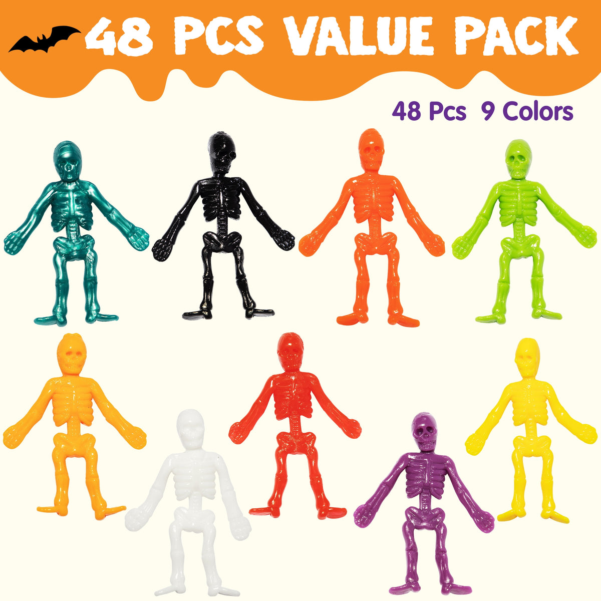 48 PCS Halloween Stretchy Skeletons, Halloween Stress Relief Toys,Stretchy Skull Toys for Halloween Trick or Treat Party Favor, Halloween Goody Bag Fillers