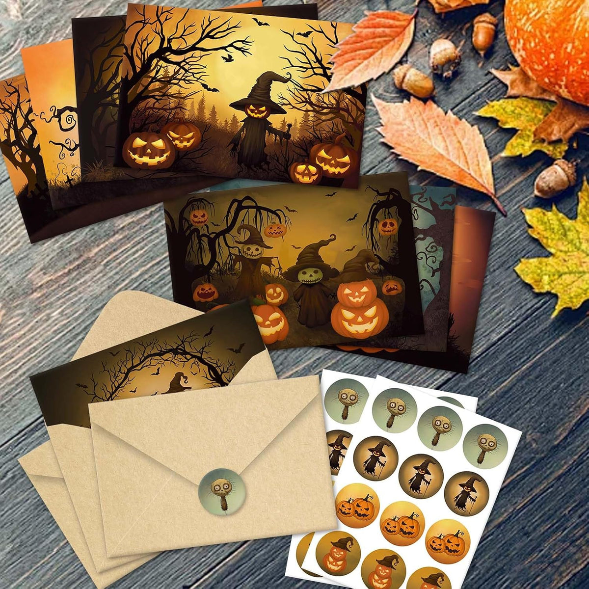 24 Pack Vintage Halloween Greeting Cards, Jack-O'-Lantern and Witch Halloween Cards, Artful Spooky Halloween Themed Card Set, 8 Designs Halloween Cards Bulk