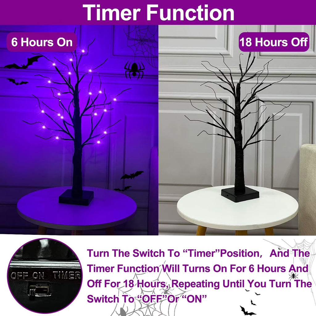 1Pc-24Inch Halloween Birch Tree Decorations with Timer,Total 24 LED Battery Operated Tabletop Artificial Black Spooky Tree Hallowe'En Decorations for Indoor Home Holiday Party-Purple