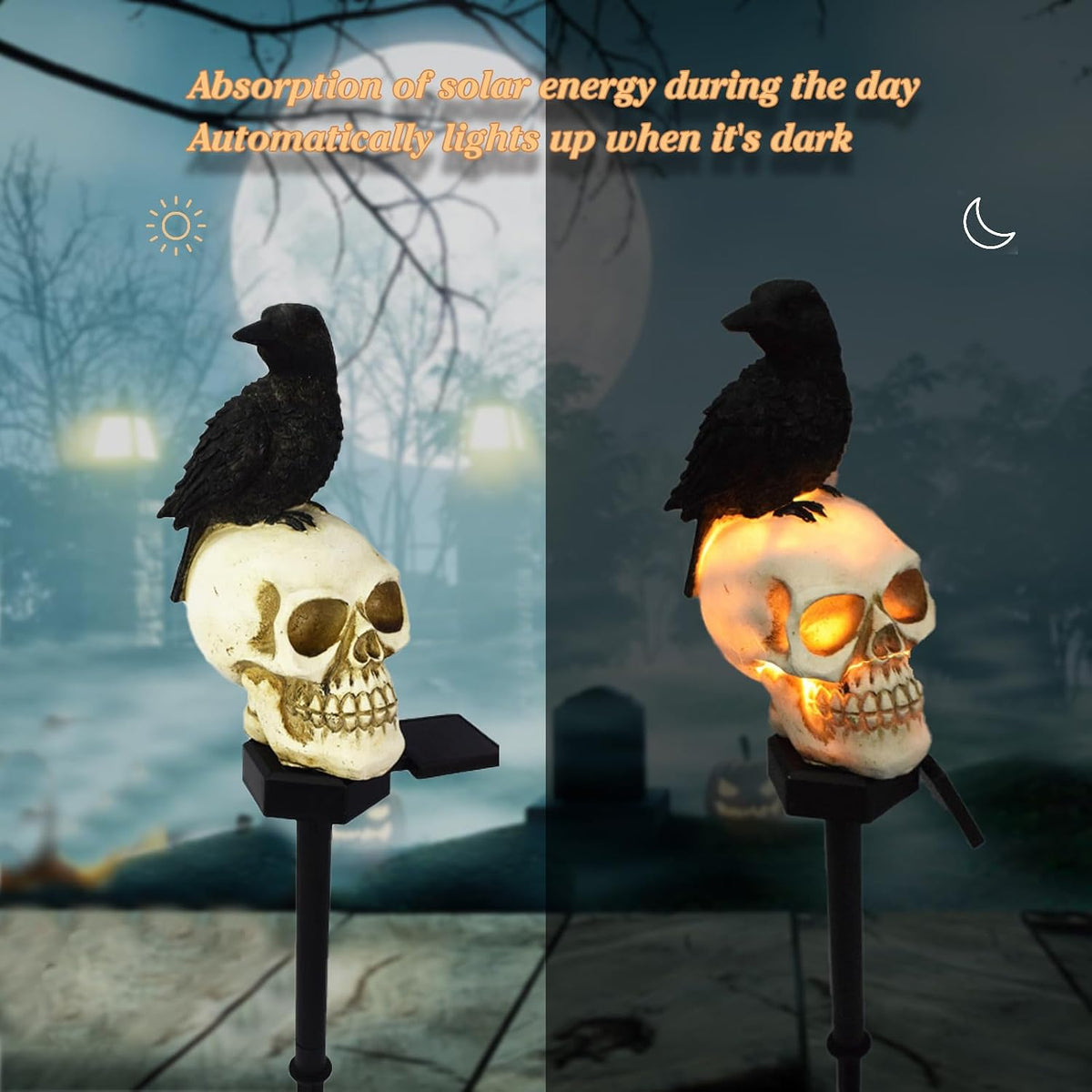 Halloween Solar Pathway Lights - Solar Halloween Skull Stake Lights Decorations Outdoor - 2PCS Waterproof Resin Skeleton Crows Decor for outside Yard Garden Lawn